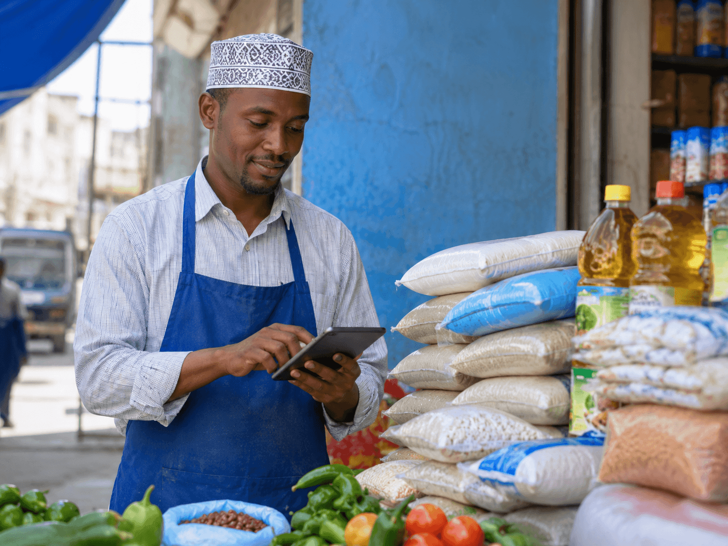 Vendor displaying market prices at a stall in Mogadishu